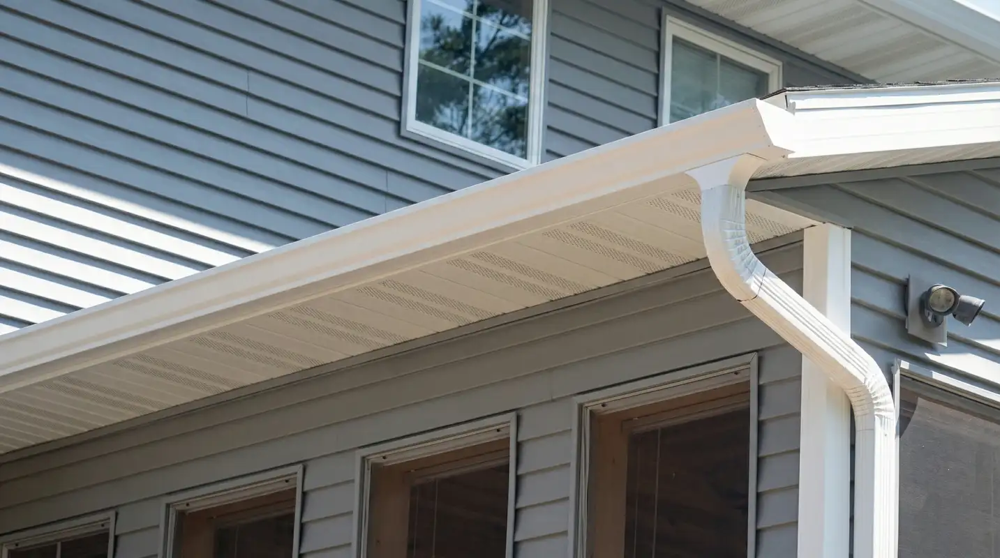 Professional home remodeling project showing newly installed white seamless gutters and downspouts on a house with gray siding in Tacoma, WA