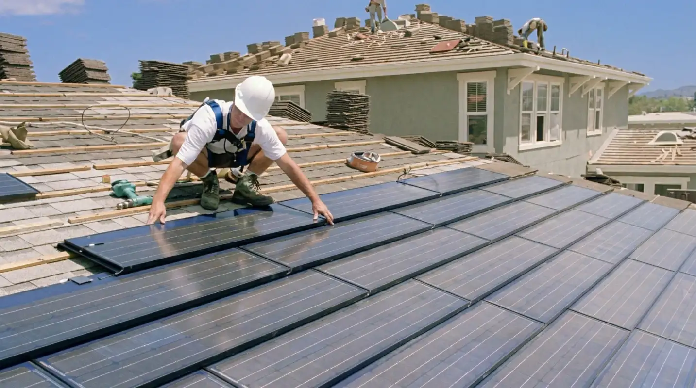 Roof replacement expert installing modern solar shingles on a residential home in Tacoma, WA