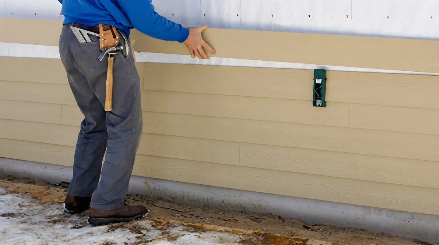 Siding replacement expert carefully aligning a new tan siding panel onto a residential exterior wall in Tacoma, WA