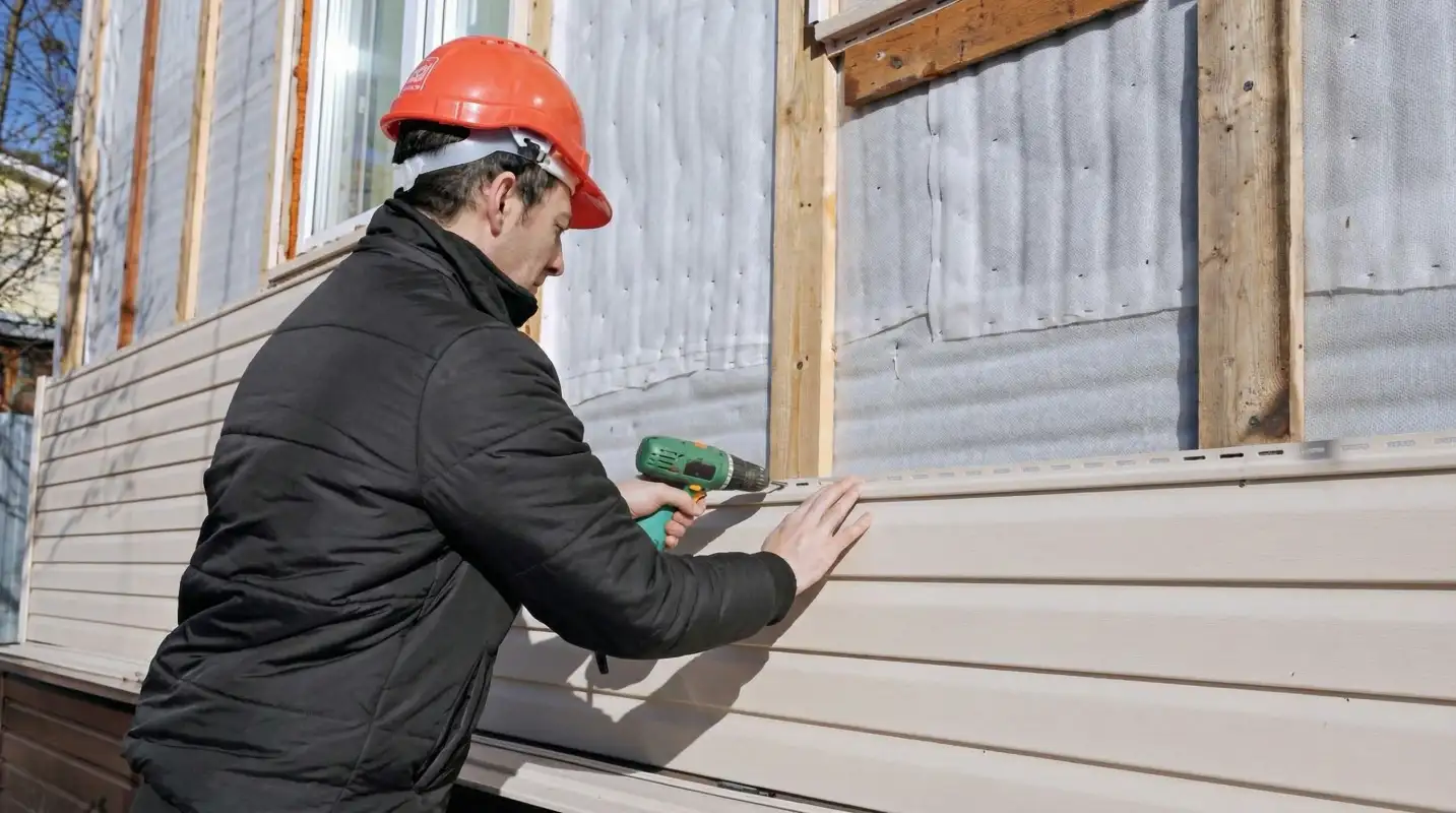 Siding replacement professional using a power drill to install new tan vinyl siding on a home exterior in Tacoma, WA
