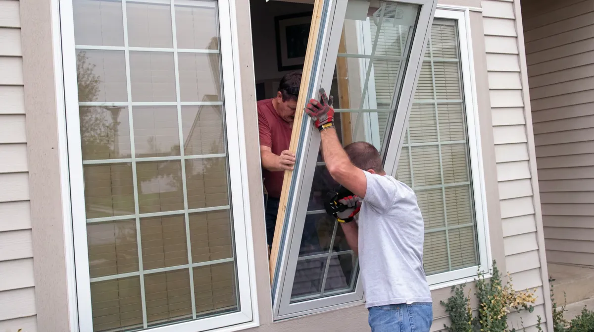 Professional home remodeling team installing a large replacement window on a house with tan siding in Tacoma, WA