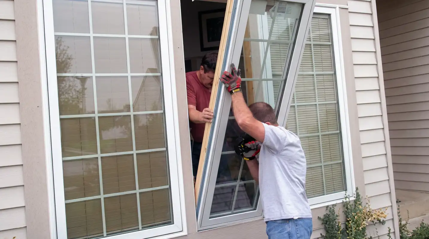 Professional home remodeling team installing a large replacement window on a house with tan siding in Tacoma, WA